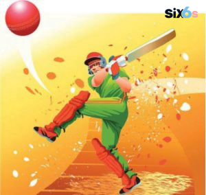 High-action illustration of a batsman hitting a cricket ball into the stands during ICC World Cup match.