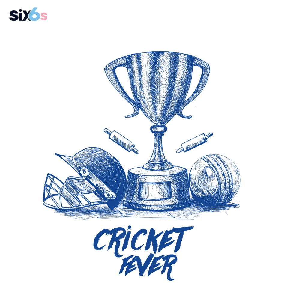 The image features a blue and white drawing of a trophy, which is placed on top of a stack of sports equipment. The sports equipment includes one ball, two wickets and in helment. this is a whole kit of Indian Cricket Team