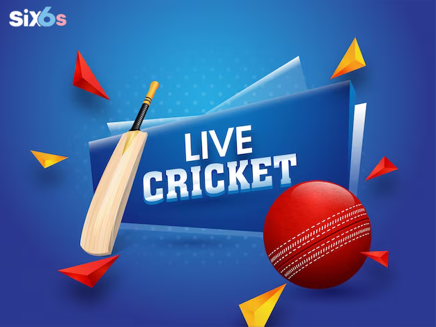 The image features a blue background with a cricket ball and a cricket bat prominently displayed. The cricket ball is positioned towards the right side of the image, while the bat is located on the left side showing Live Cricket. The bat is also slightly above the ball, creating a visually appealing composition.